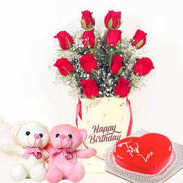 Red Rose Box & Heart Shape Cake With Teddy